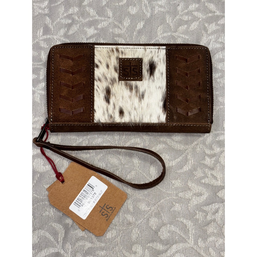 STS Ranchwear Cowhide Leather Wallet Wristlet Brown White Hair On Hide
